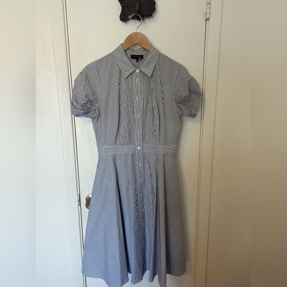Donna Karan blue & white pinstripe shirtwaist dress size 8